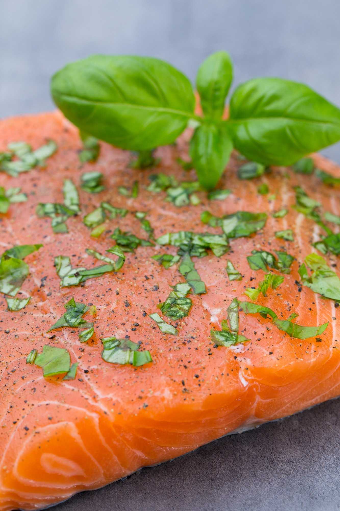 Fresh salmon fille with spice on the grey background.